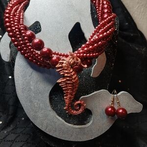 Elegant Seahorse Red Pearl Necklace and Earring Set